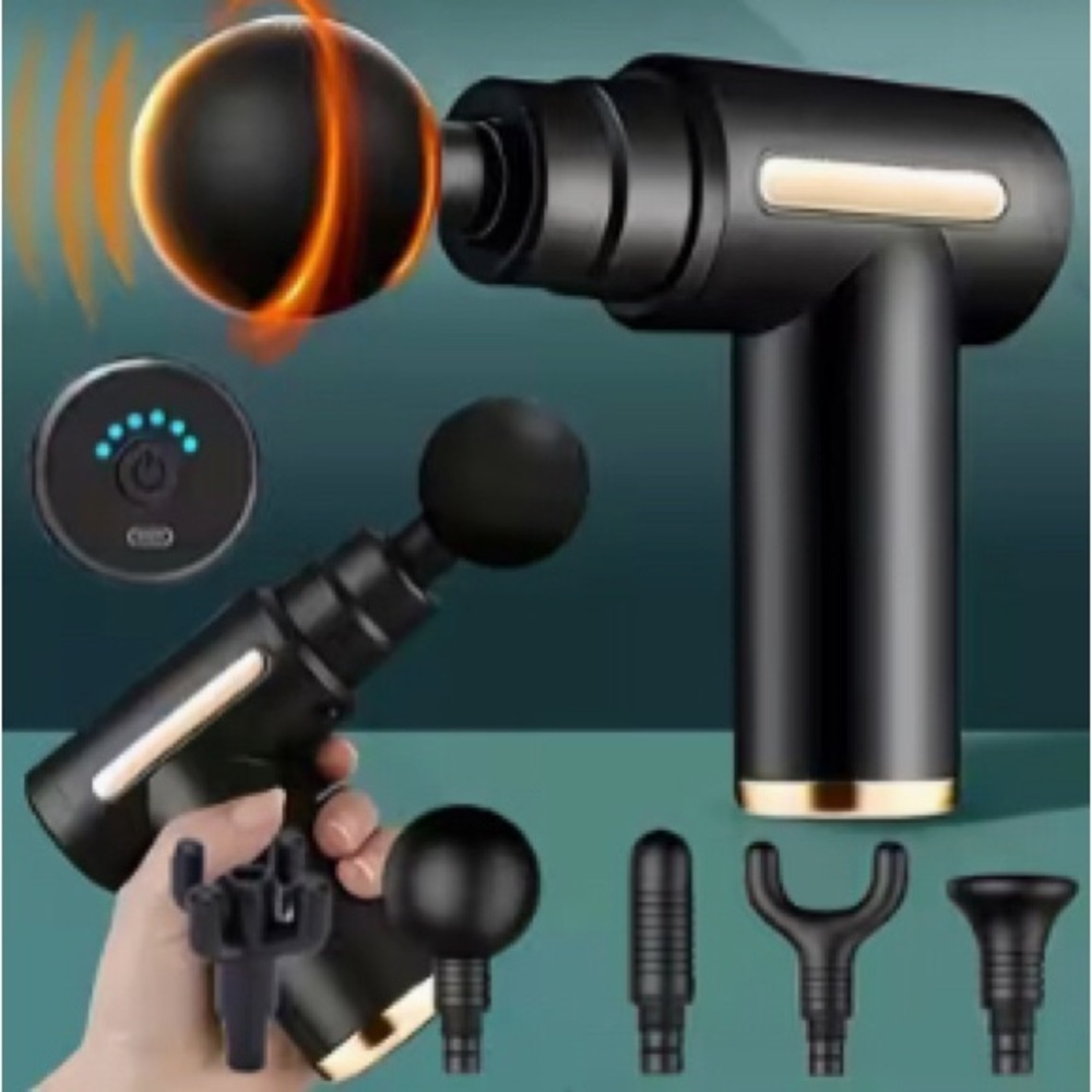 Cordless Black Percussion Massage Gun with Four Interchangeable Heads